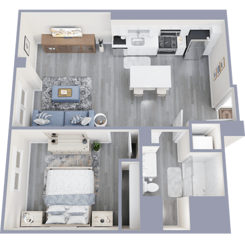 Floor plan for 1 bed, 1 bath, 607 sqft